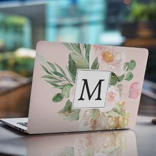 Moderne Aquarellfarben Rosa Blume Mit Monogramm HP Laptop-Aufkleber