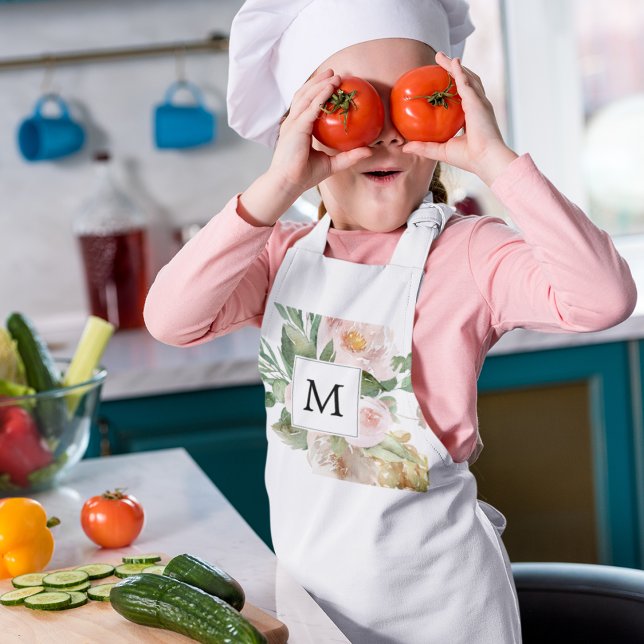 Moderne Aquarellfarben Rosa Blume Mit Monogramm Kinderschürze (Von Creator hochgeladen)