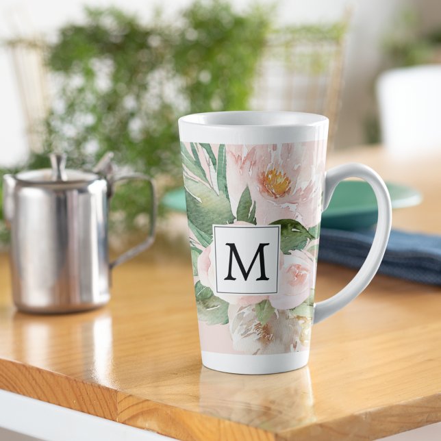 Moderne Aquarellfarben Rosa Blume Mit Monogramm Milchtasse (Von Creator hochgeladen)