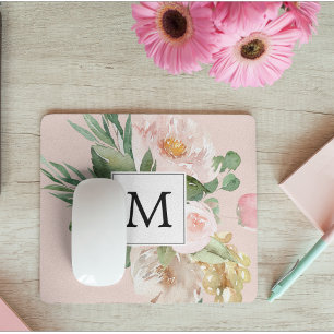 Moderne Aquarellfarben Rosa Blume Mit Monogramm Mousepad