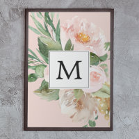 Moderne Aquarellfarben Rosa Blume Mit Monogramm
