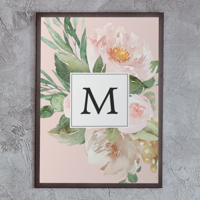 Moderne Aquarellfarben Rosa Blume Mit Monogramm Poster (Von Creator hochgeladen)