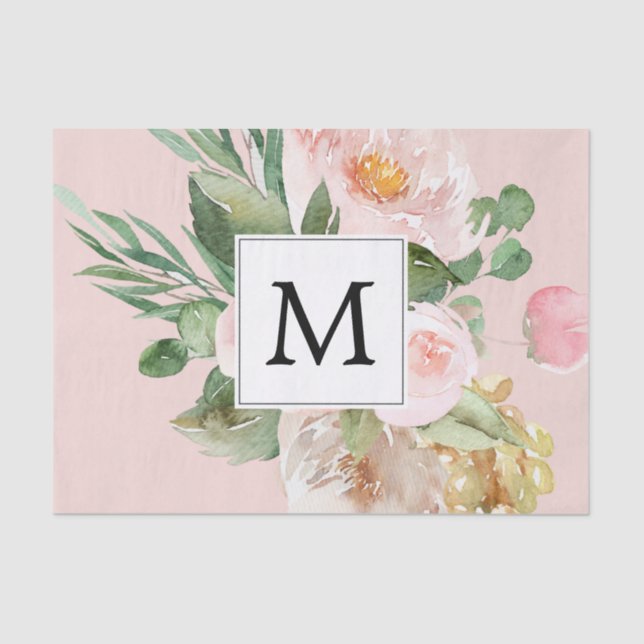 Moderne Aquarellfarben Rosa Blume Mit Monogramm Seidenpapier (Vorderseite)