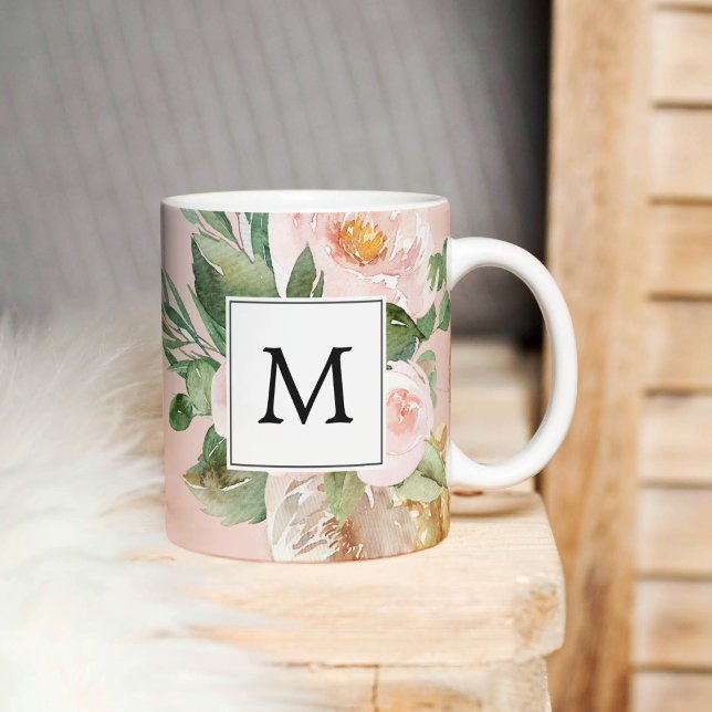 Moderne Aquarellfarben Rosa Blume Mit Monogramm Zweifarbige Tasse (Von Creator hochgeladen)