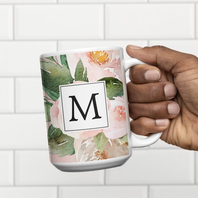 Moderne Aquarellfarben Rosa Blume Mit Monogramm Zweifarbige Tasse (Von Creator hochgeladen)