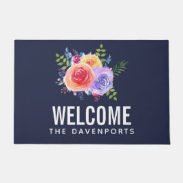 Moderne Aquarellfarben Rose Blumenstrauß Willkomme Fußmatte