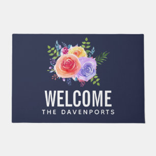 Moderne Aquarellfarben Rose Blumenstrauß Willkomme Fußmatte