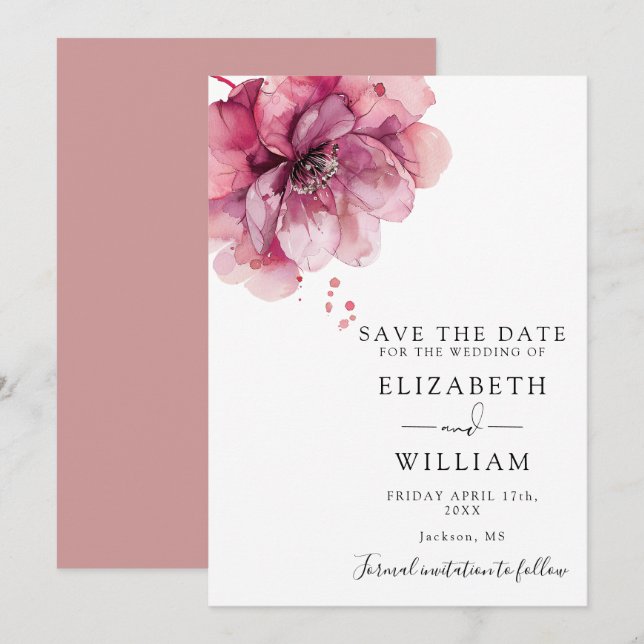 Moderne Aquarellfarben Rose Blumenzehen Save The Date (Vorne/Hinten)