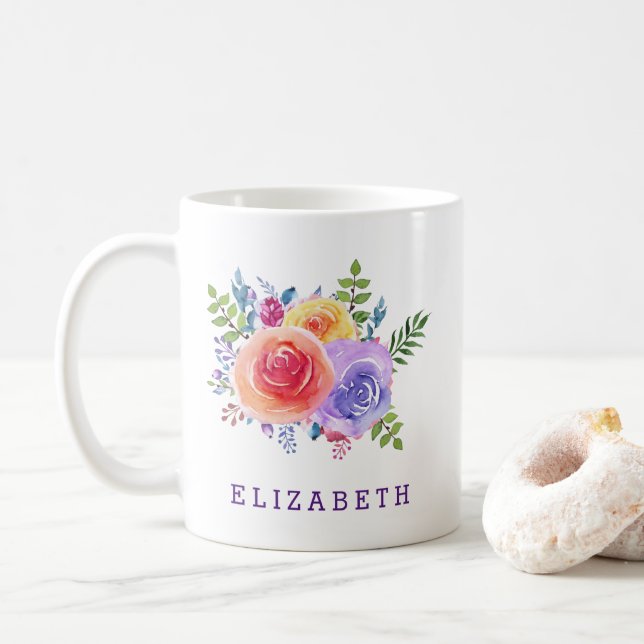 Moderne Aquarellfarben-Rose Kaffeetasse (Mit Donut)