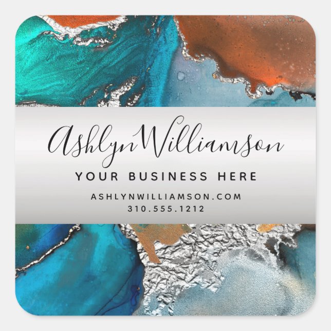 Moderne Aquarellfarben türkis silberfarben orange Quadratischer Aufkleber (Vorderseite)