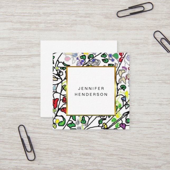 Moderne Aquarellfarben verlasse Goldrahmen berufli Quadratische Visitenkarte (Vorderseite/Rückseite Beispiel)