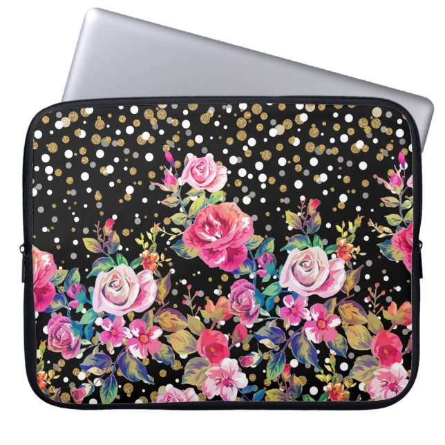 Moderne Aquarellfeder mit Blumen- und Goldpunkten Laptopschutzhülle (Vorderseite)