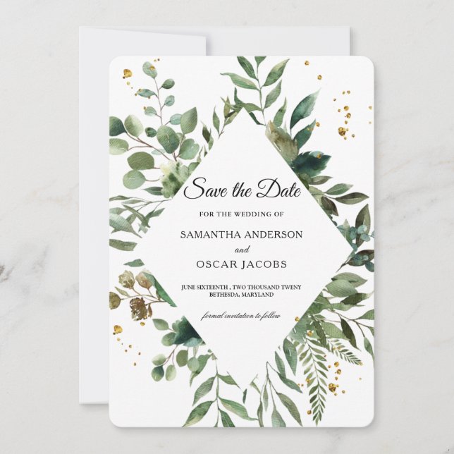 Moderne Aquarellflächen Rahmen & Gold Punkte Save The Date (Vorderseite)
