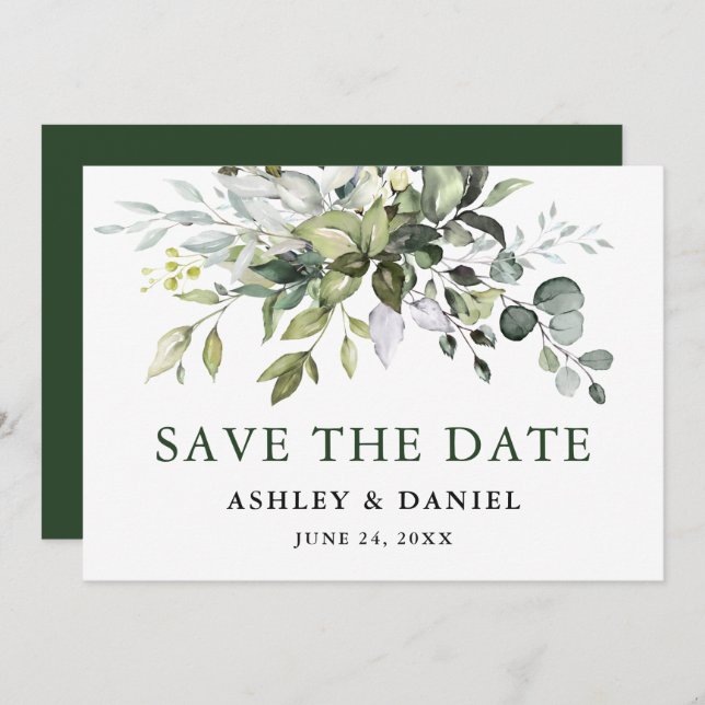 Moderne Aquarellgrüne Save The Date (Vorne/Hinten)