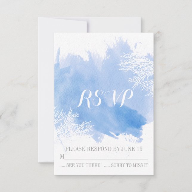 Moderne Aquarellkorallenriff Blaue Hochzeit RSVP (Vorderseite)