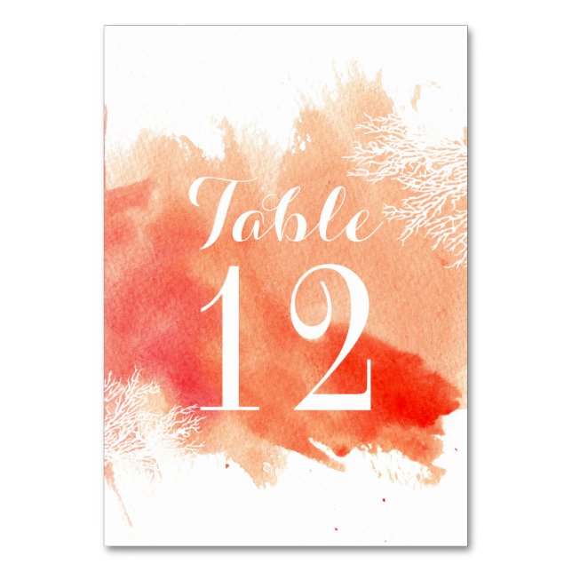 Moderne Aquarellkorallenriff Hochzeitsstiftung Tis Tischnummer (Vorderseite)