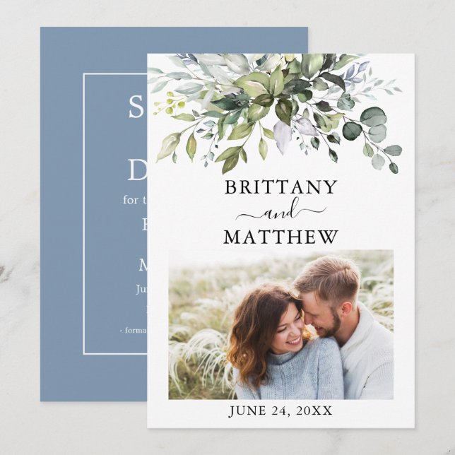 Moderne Aquarellkultur Foto Dusty Blue Save The Date (Vorne/Hinten)