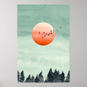Moderne Aquarelllandschaft Sonnenuntergang Vögel B Poster