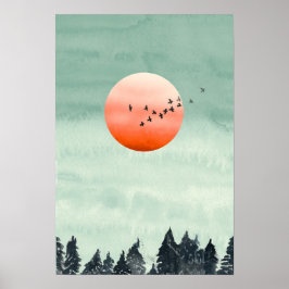 Moderne Aquarelllandschaft Sonnenuntergang Vögel B Poster