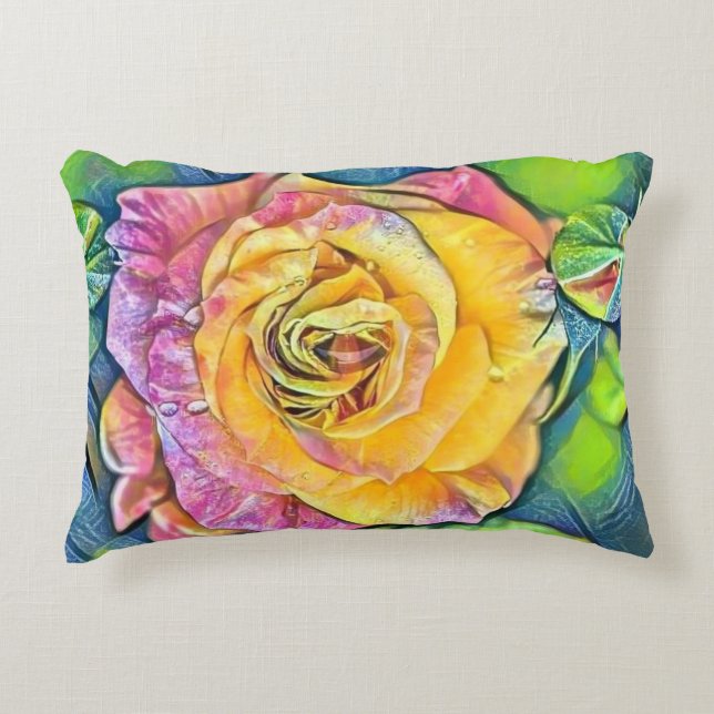 Moderne Aquarellmalerei auf rosa orangefarbene Ros Dekokissen (Vorderseite)