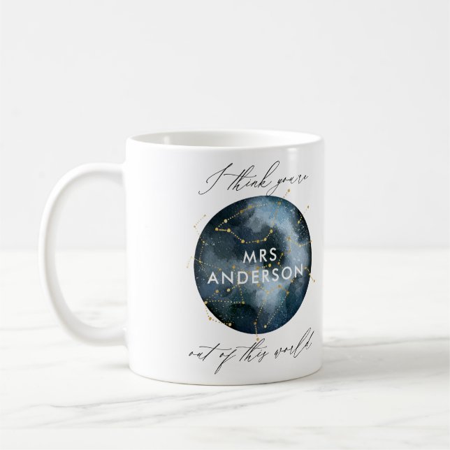 Moderne Aquarellmond-Sternenhimmellehrerin Kaffeetasse (Links)