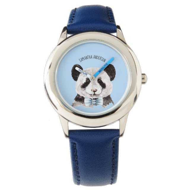 Moderne Aquarellpanda mit Namen und Pastellblau Armbanduhr (Vorderseite)