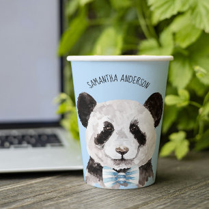 Moderne Aquarellpanda mit Namen und Pastellblau Pappbecher