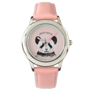Moderne Aquarellpanda mit Namen und Pastellrosa Armbanduhr
