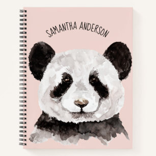 Moderne Aquarellpanda mit Namen und Pastellrosa Notizbuch