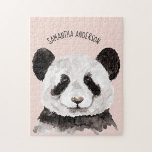 Moderne Aquarellpanda mit Namen und Pastellrosa Puzzle