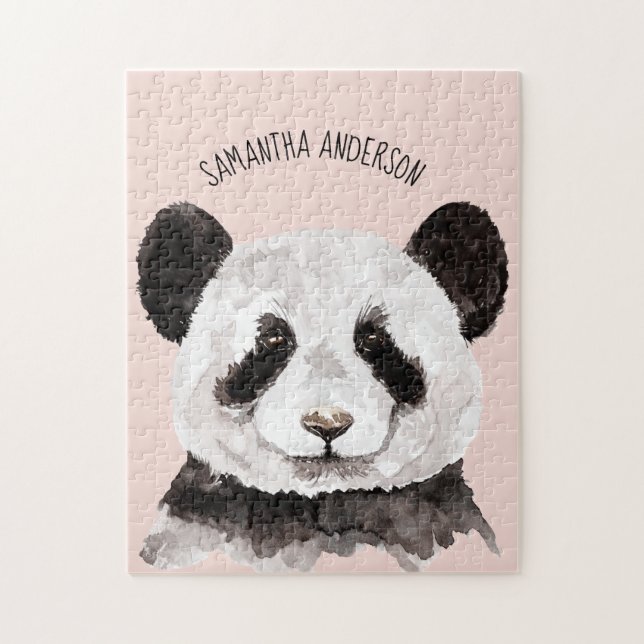 Moderne Aquarellpanda mit Namen und Pastellrosa Puzzle (Vertikal)