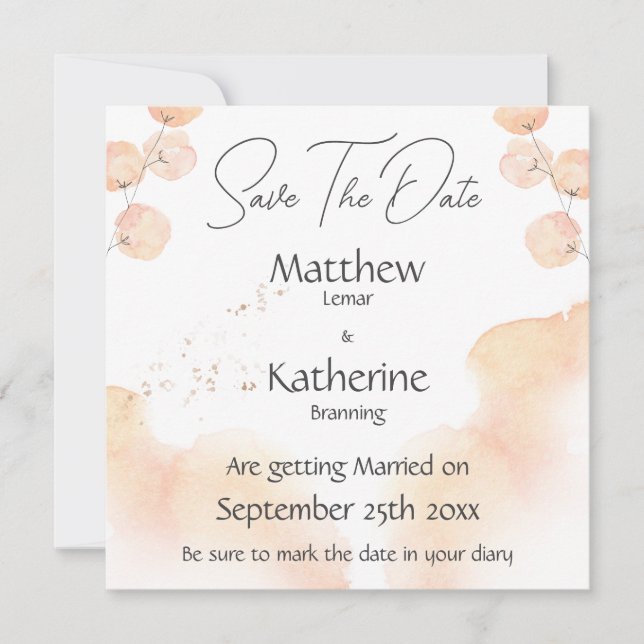 Moderne Aquarellpfirsichfarben Save the Date Hochz (Vorderseite)