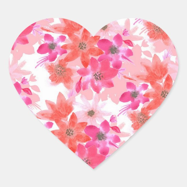 Moderne Aquarellpinken-Blume Herz-Aufkleber (Vorderseite)