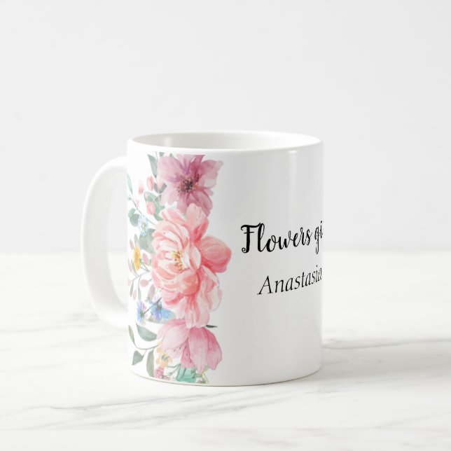 Moderne Aquarellpinken-Blume Kaffeetasse (Vorderseite Links)