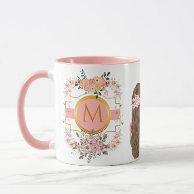 Moderne Aquarellpinken Blume M Monogram für sie Tasse (Links)