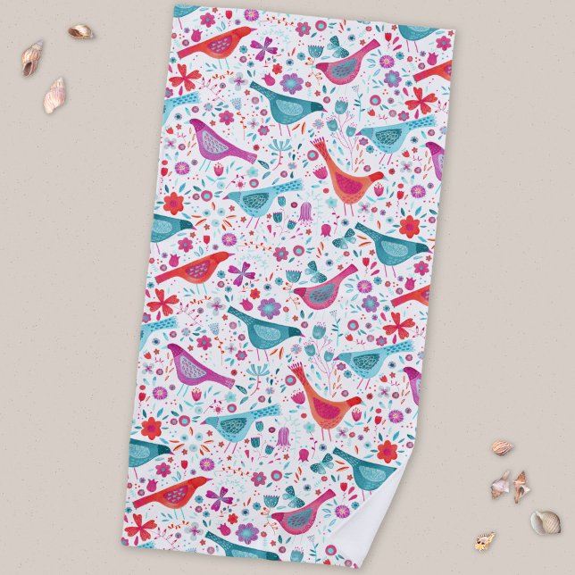 Moderne Aquarellvögel und Blume Strandtuch (Birds in a Garden watercolor art beach towel with original art by Nic Squirrell. )