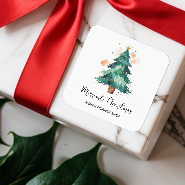 Moderne Aquarellwirkung Weihnachtsbaumgeschäft Quadratischer Aufkleber (Modern Watercolor Effect Christmas Tree Square Sticker for Business or Families Christmas Gifts. )