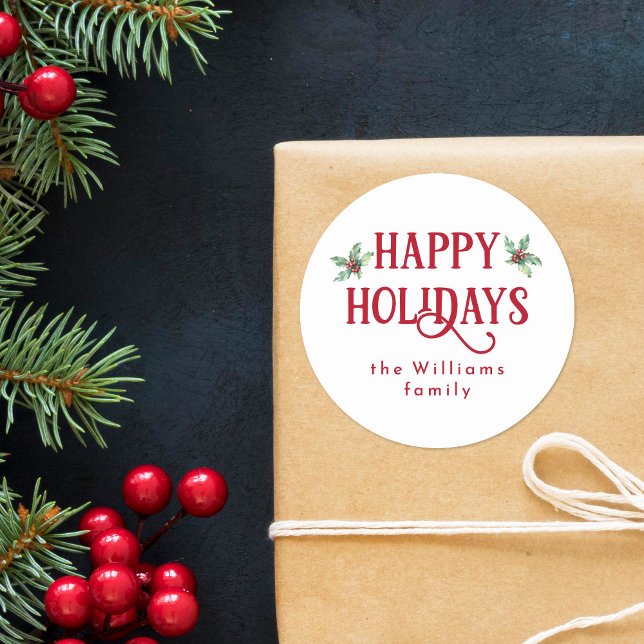 Moderne Aquarellwochen Holly & Red Happy Holidays Runder Aufkleber (Von Creator hochgeladen)