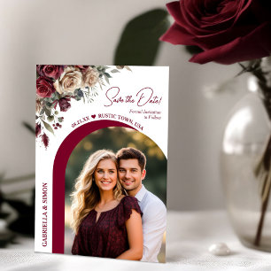 Moderne Arch Burgund & Creme Rosen & Foto-Hochzeit Save The Date