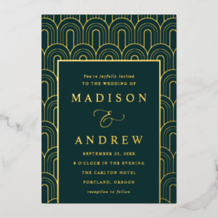 Moderne Arch Deko Emerald und Gold Wedding Folieneinladung