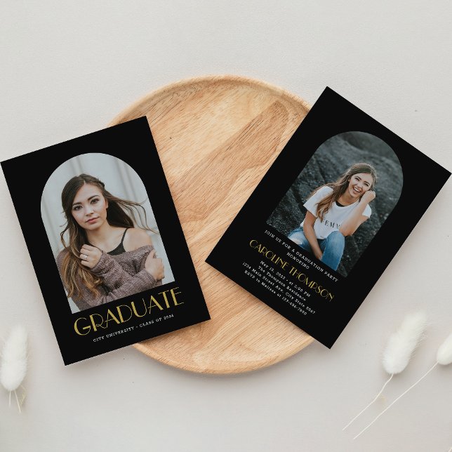 Moderne Arch Foto Black & Gold Graduation Party Einladung (Von Creator hochgeladen)