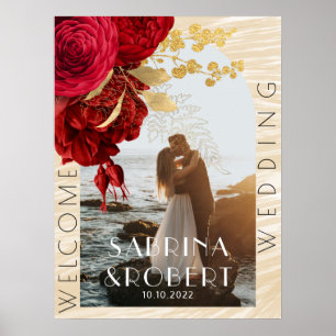 Moderne Arch Foto Burgunder Blumen Willkommen Hoch Poster