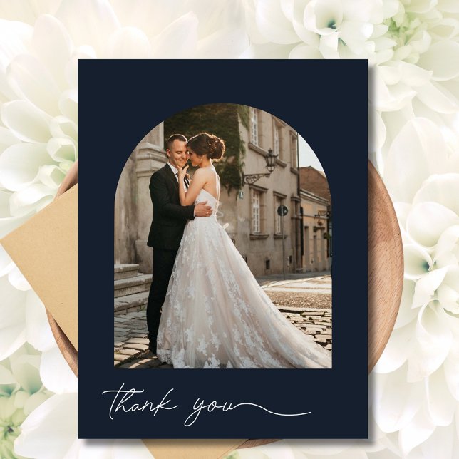 Moderne Arch Foto Navy Hochzeit Vielen Dank Postkarte (Modern Arch Photo Navy Wedding Thank You Postcard)