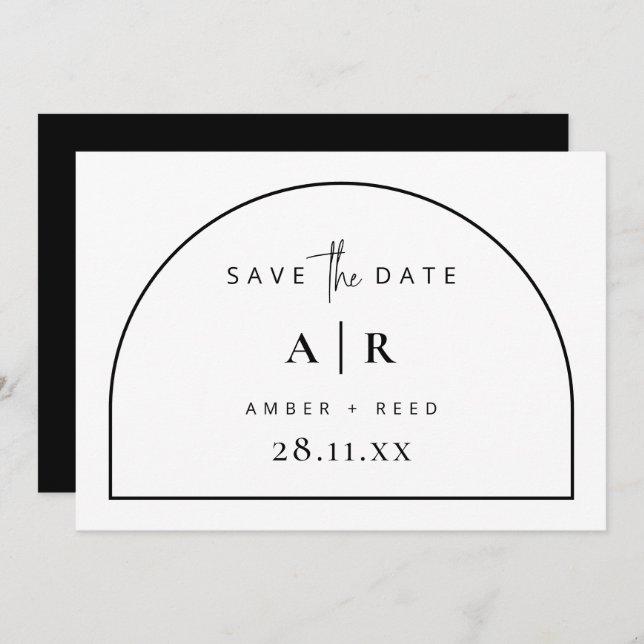 Moderne Arch Minimal Hochzeit Schwarz & Weiß Save The Date (Vorne/Hinten)