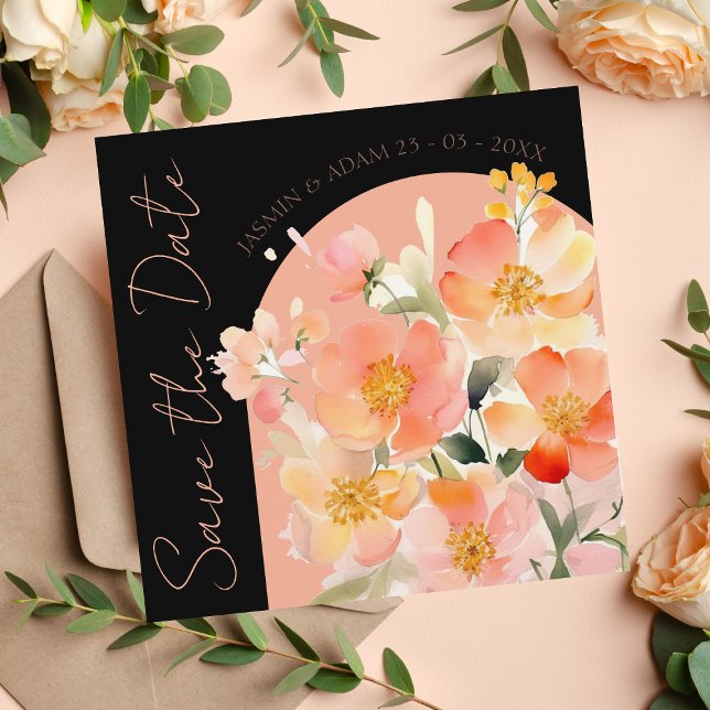Moderne Arch Orange Peach and Black Floral Wedding Save The Date (Von Creator hochgeladen)