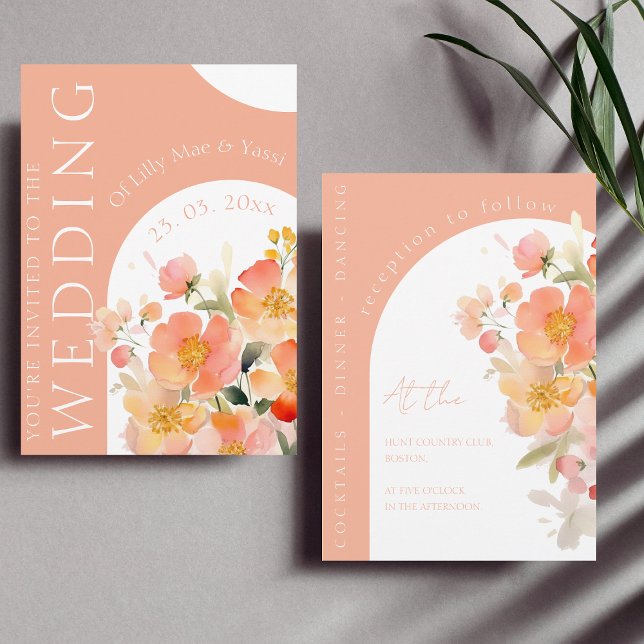 Moderne Arch Orange Peach Floral Wedding Einladung (Von Creator hochgeladen)