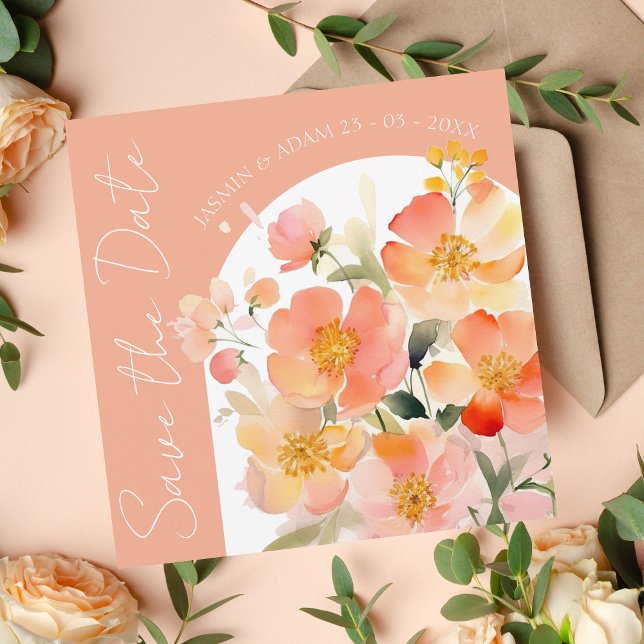Moderne Arch Orange Peach Floral Wedding Save The Date (Von Creator hochgeladen)