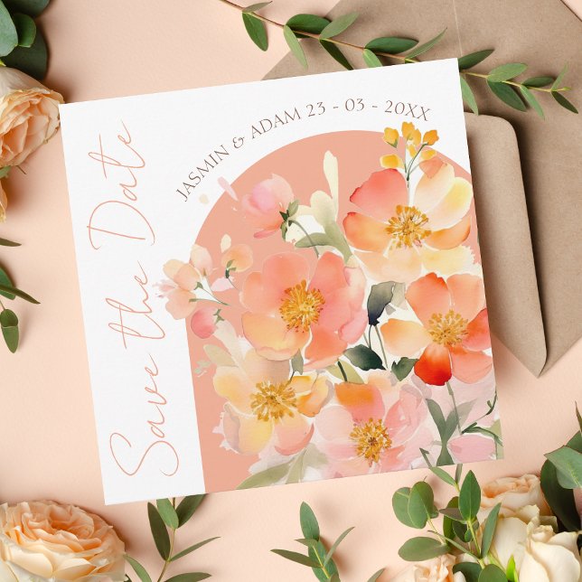 Moderne Arch Orange Peach Floral Wedding Save The Date (Von Creator hochgeladen)