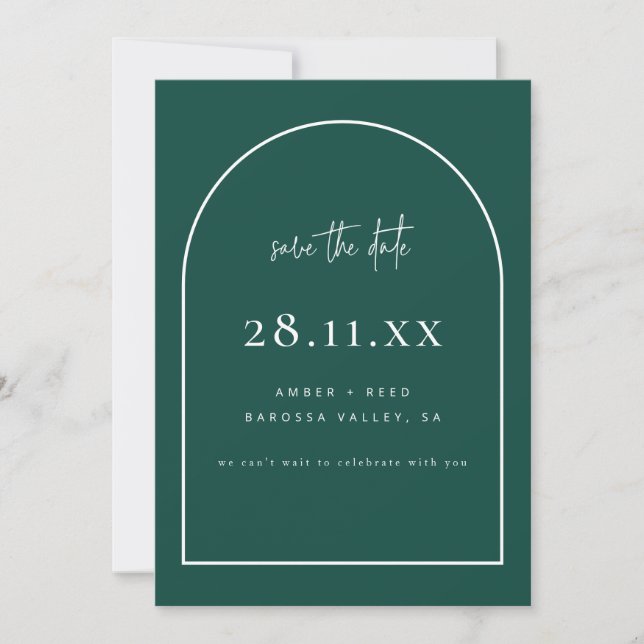 Moderne Arch Retro Minimalistisch Emerald Green Save The Date (Vorderseite)