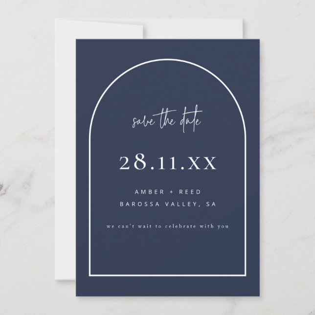 Moderne Arch Retro Minimalistisch Navy Blue Save The Date (Vorderseite)